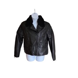 Y2K Wilsons Leather Jacket Black Moto Aviator Removable Fur Collar W XXL /M XL